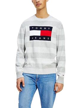Pull Tommy Jeans Flag Pull Gris pour Homme