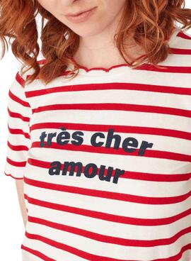 T-Shirt Naf Naf Message Rayures Rouge pour Femme
