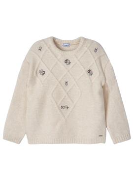 Pull Mayoral Broderie Fleurs Beige pour Fille