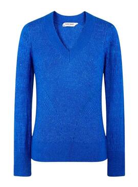 Pull Naf Naf Col V pour Femme Bleu