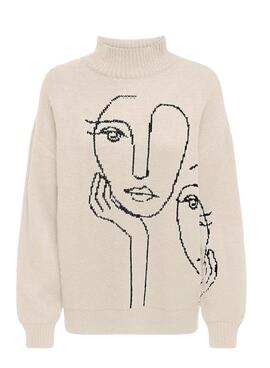 Pull Only Visière Jaquard Beige pour Femme