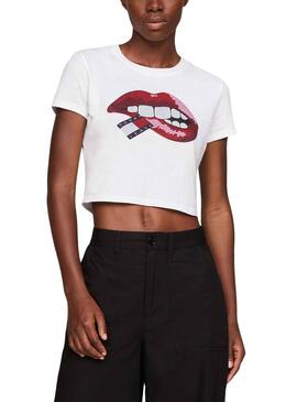 T-Shirt Tommy Jeans Crop Slim Lips  Blanc Femme