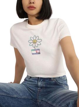 T-shirt Tommy Jeans Flower Slim Blanc pour Femme