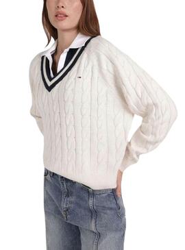 Pull Tommy Jeans V-Neck Câble pour Femme