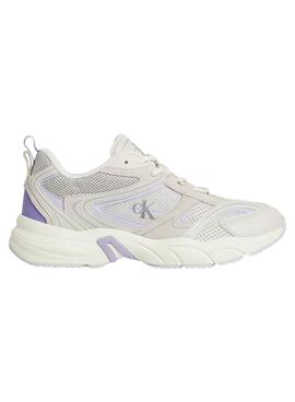 Chaussures Calvin Klein Jeans Retro tennis blanches et lilas pour femmes.