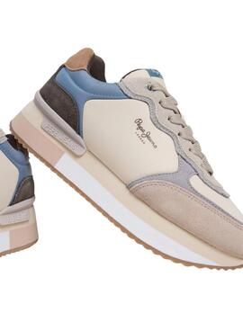 Sneakers Pepe Jeans Rusper Mania beige et rose pour femme