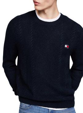 Maillot Tommy Jeans Cable Knit bleu marine pour homme