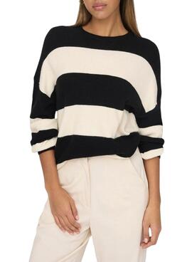 Pull Only Latia rayures noir et beige pour femme