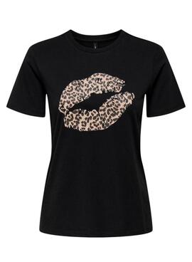 T-shirt Only Lola lèvres léopard noir pour femme