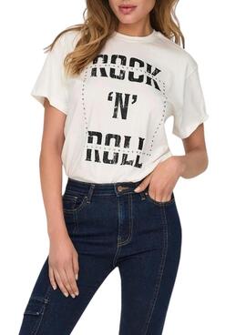 T-shirt Only Dolla rocknroll blanc pour femme