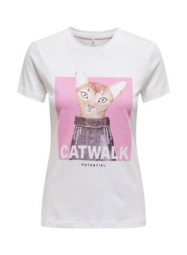 T-shirt Only Vibe Life cat blanc pour femme