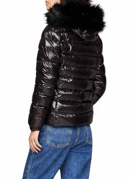 Veste Tommy Jeans brillante matelassée noire avec capuche pour femme