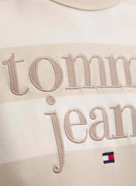 Sweat-shirt Tommy Jeans logo rayé en beige coupe relaxed pour femme