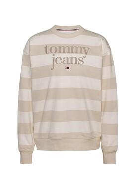 Sweat-shirt Tommy Jeans logo rayé en beige coupe relaxed pour femme