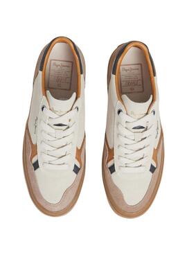 Baskets Pepe Jeans Travis rétro blanc et beige pour homme