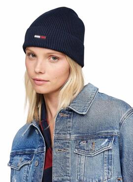 Bonnet Tommy Jeans Elongated Flag marine pour femme