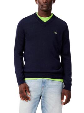 Pull Lacoste col en pique bleu marine pour homme