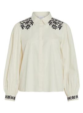 Chemise Vila Vicaria Beige avec Broderie Noire pour femme