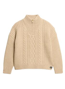 Pull Superdry Cable Zip Beige pour femme