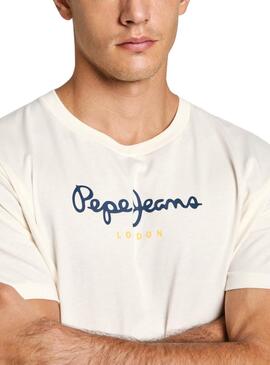 T-shirt Pepe Jeans Eggo blanc logo bleu pour homme.