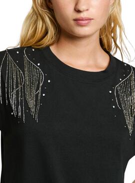 T-shirt Pepe Jeans Lydia avec strass noir pour femme