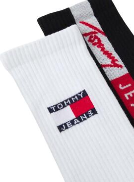 Pack 2 chaussettes Tommy Jeans blanc et noir Vertical Logo pour homme et femme