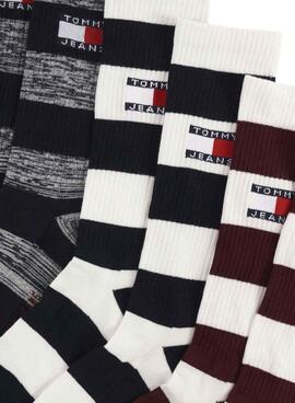 Boîte de trois chaussettes Tommy Jeans Rugby à rayures pour hommes et femmes.