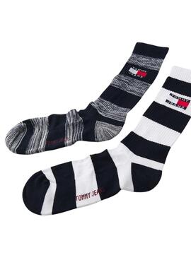 Boîte de trois chaussettes Tommy Jeans Rugby à rayures pour hommes et femmes.