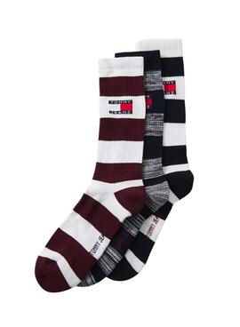 Boîte de trois chaussettes Tommy Jeans Rugby à rayures pour hommes et femmes.