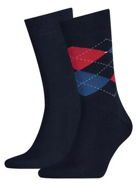 Paquet de deux paires de chaussettes Tommy Hilfiger bleues à losanges pour homme