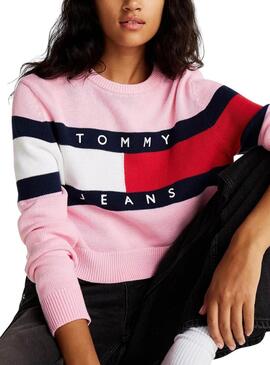 Maillot Tommy Jeans Center Flag rose pour femmes