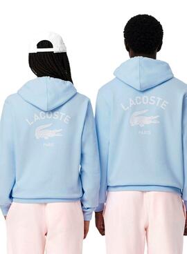 Sweat à capuche Lacoste à imprimé bleu pour homme et femme.