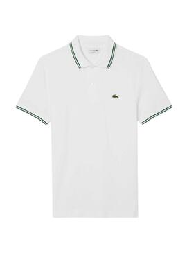 Polo Lacoste L.12.12 blanc à rayures vertes pour homme.