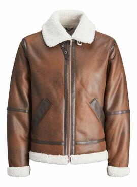 Veste d'aviateur Jack and Jones en mouton retourné marron pour homme.