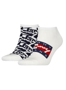 Paquet de 2 chaussettes Tommy Jeans Sneaker Flag blanches pour homme et femme.