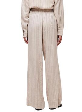 Pantalon Pieces Pia Wide rayas beige pour femme
