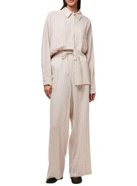Pantalon Pieces Pia Wide rayas beige pour femme