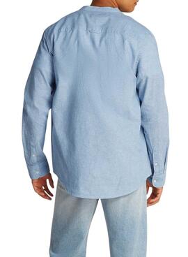 Chemise Tommy Jeans en lin bleue col mao pour homme