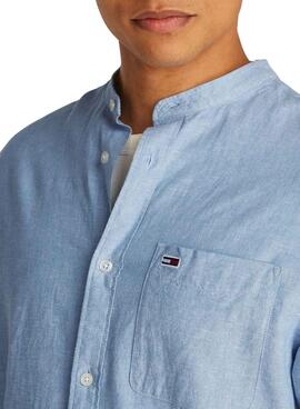 Chemise Tommy Jeans en lin bleue col mao pour homme