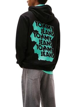 Sweat à capuche Tommy Jeans Stack Backprint noir pour homme
