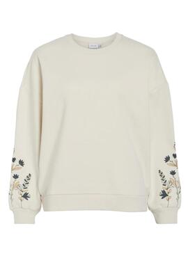 Sweatshirt Vila Viminna brodée florale beige pour femme