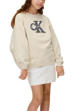 Sweat à capuche Calvin Klein Towling Monologue beige fille