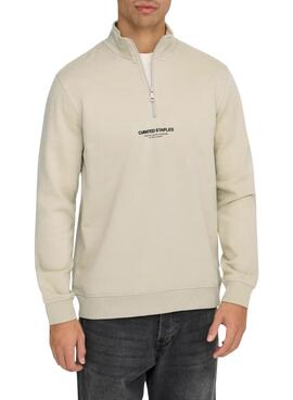 Sweat-shirt Only and Sons Curated Zip beige pour homme.