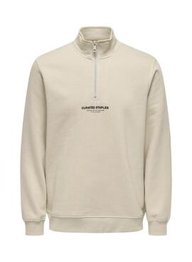 Sweat-shirt Only and Sons Curated Zip beige pour homme.