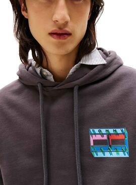 Sweat à capuche Tommy Jeans DNA Flag gris pour homme.