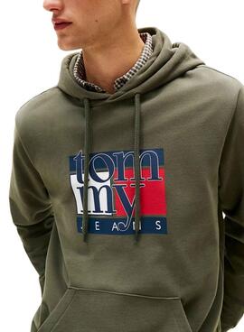 Sweat à capuche Tommy Jeans Flag vert pour homme