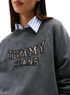 Sweat à capuche Tommy Jeans Boxy Leopard gris pour femme