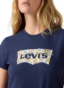 T-shirt Levi's Perfect bleu avec logo fleurs pour femme.