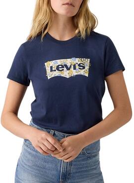 T-shirt Levi's Perfect bleu avec logo fleurs pour femme.