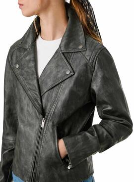 Veste de motard Pepe Jeans Stacy en simili cuir noir pour femme.
